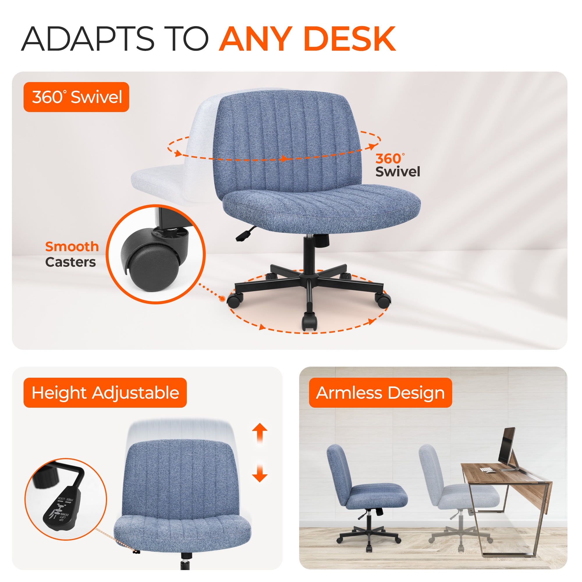 Orange Factory Criss Cross Chair Wheels Wide Cross Legged Office Desk Vanity Chair Comfy Fabric Armless Adjustable Swivel for Home Computer Task (Blue Wheel, Fabric)