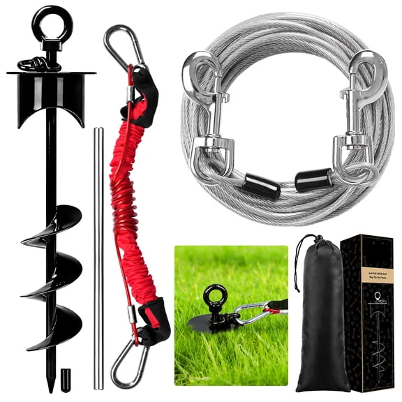 Furggis Heavy Duty Dog Tie Out Stake with 20FT Cable, Shock Absorbing Bungee Tether, Rust Proof Ground Anchor for Yard, Camping & Outdoor, Holds up to 360 Lbs