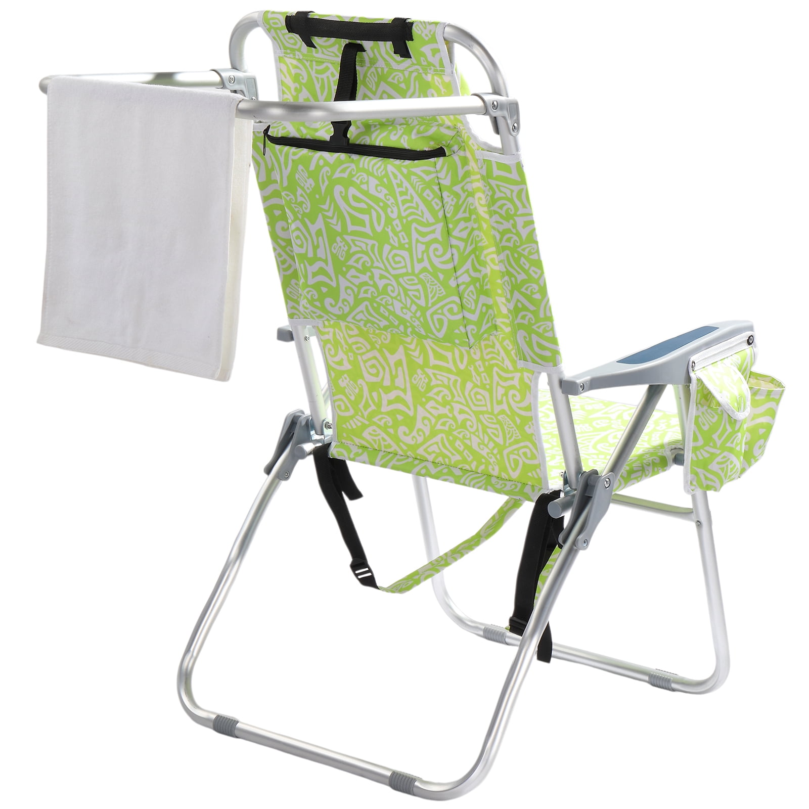 Folding Beach Chair 5-Position Adjustable Backrest Lay Flat Higher Seat Portable Outdoor Chair with Storage Pockets Cup Holder Lightweight Aluminum Frame