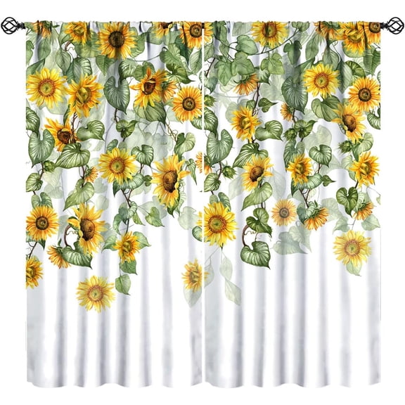 Summer Sunflower Curtains, Spring Green Leaves Branches Botanical Rustic Farmhouse Country Yellow Flower Print Blackout Window Drapes for Kitchen Bedroom, 84" W X 84" L