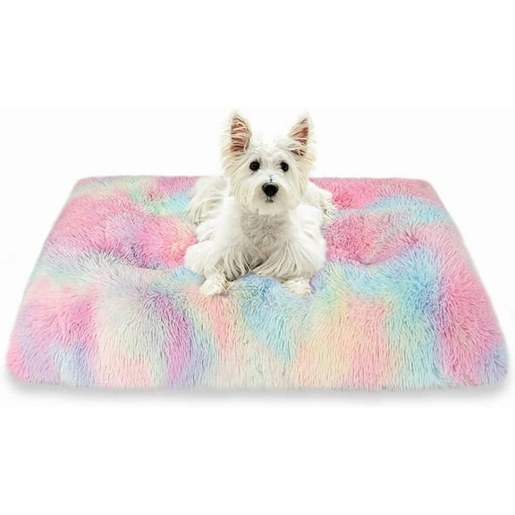 Exclusivo Mezcla Soft Plush Dog Bed Crate Mat for Small Dogs (26*20*4 in), Faux Fur Fluffy Dog Pet Cat Kennel Pad with Anti-Slip Bottom, Machine Washable, Rainbow