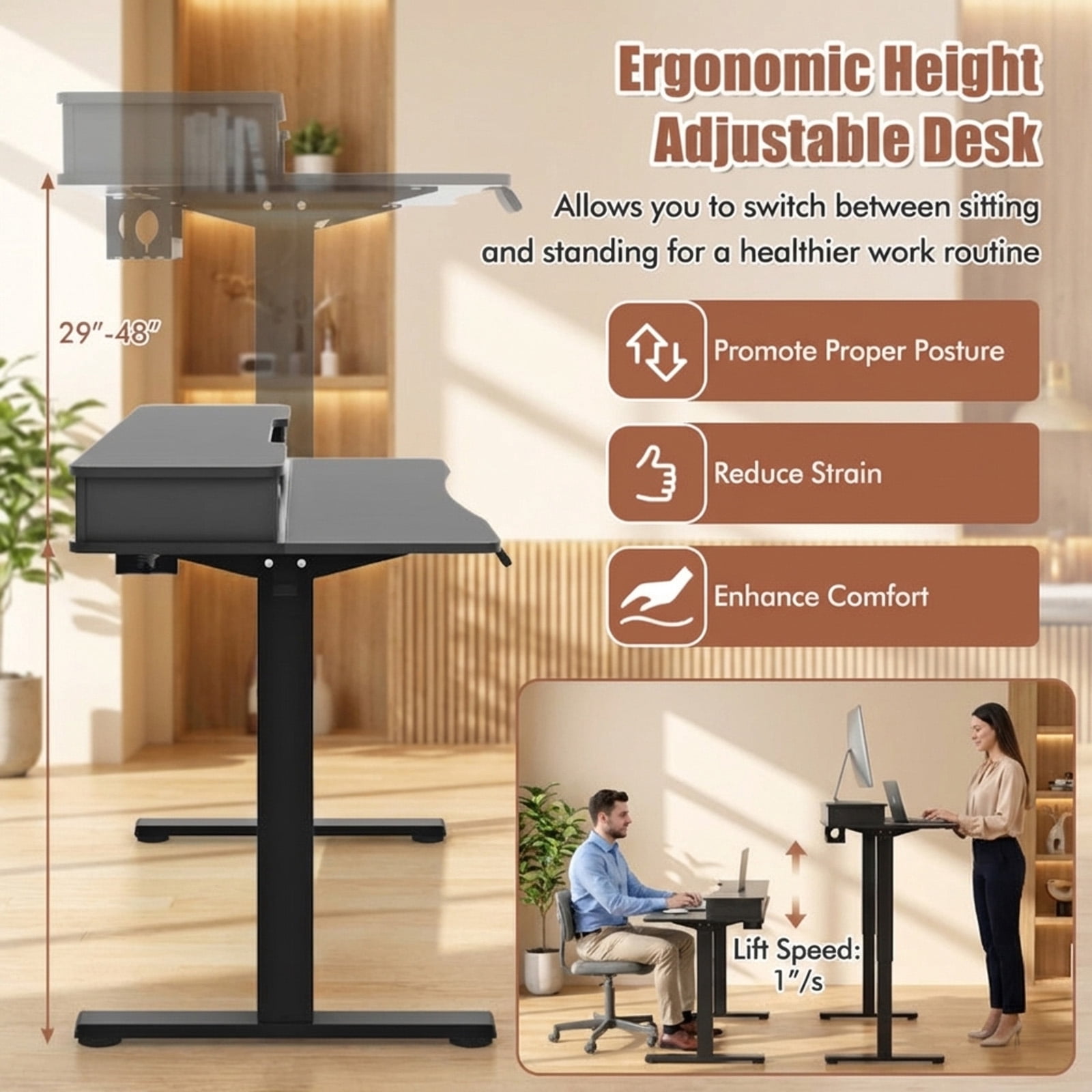 Furnibear Height Adjustable Electric Standing Desk 48 x 24 Inch with 2 Fabric Drawers Monitor Shelf and 3 Memory Settings in Black