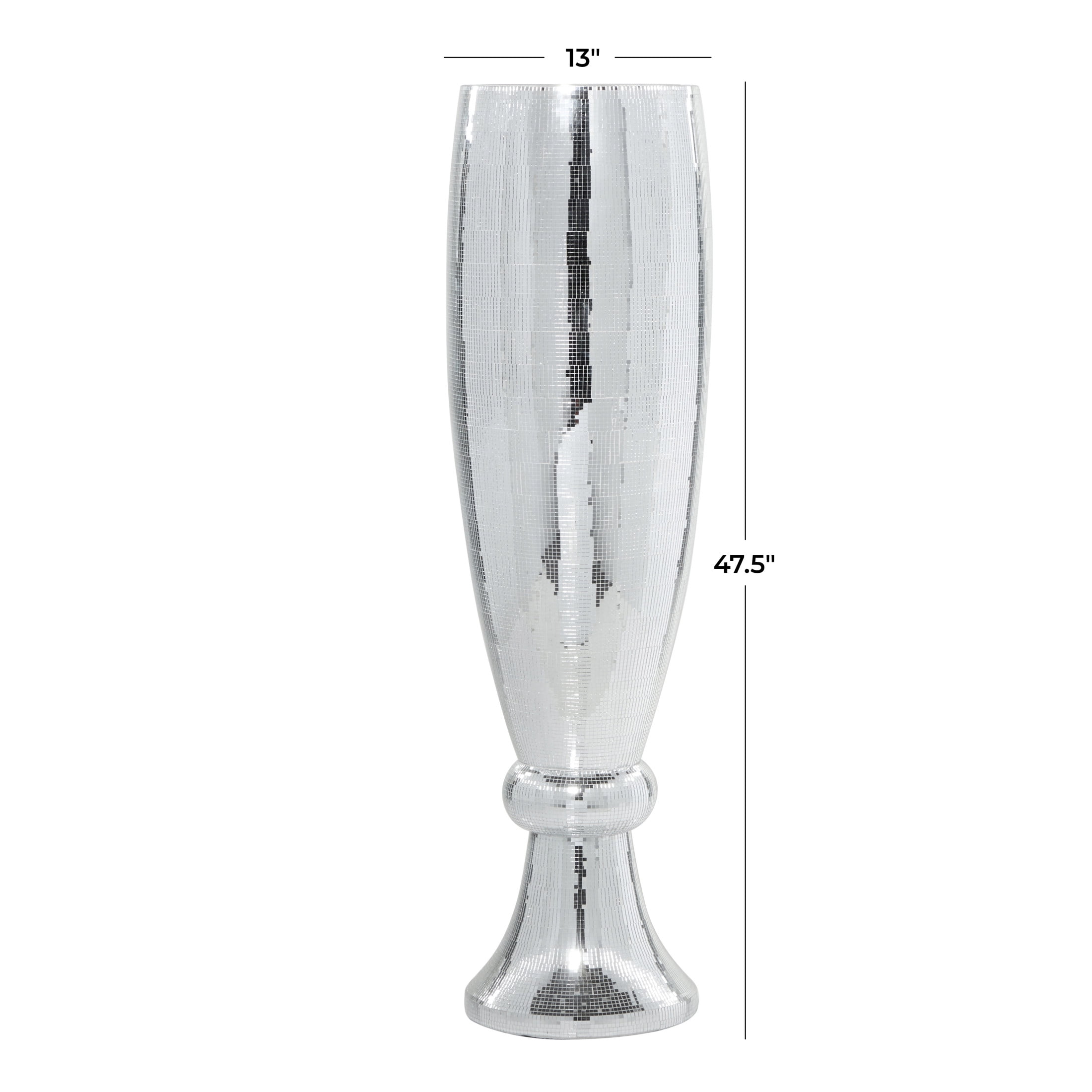 DecMode 48" Tall Champagne Flute Shape Silver Polystone Vase with Mosaic Mirror Inlay