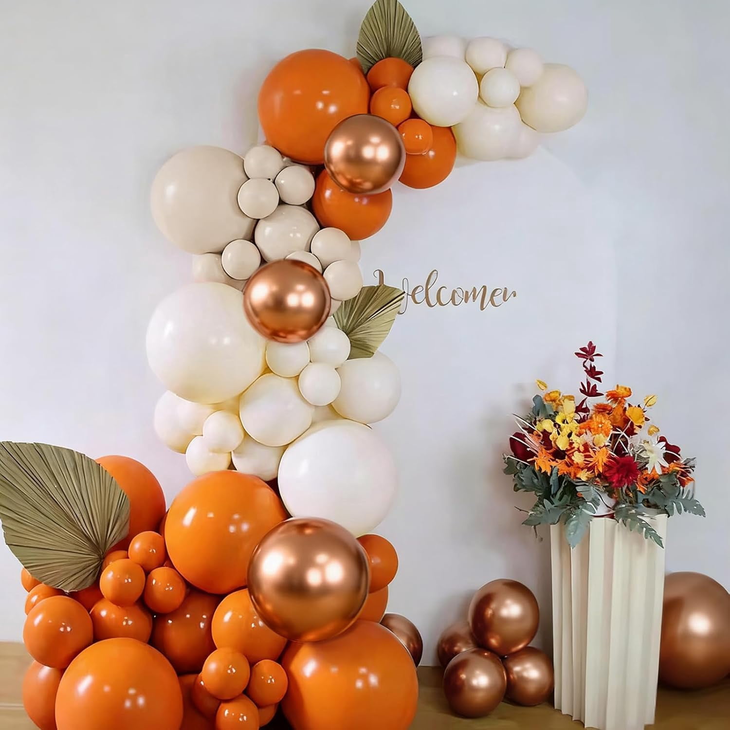Burculy  BOrange White Gold Balloon Garland Arch Kit, 166Pcs Boho Fall Balloons for Birthday Autumn Thanksgiving Day Wedding Baby Shower Party Decorations