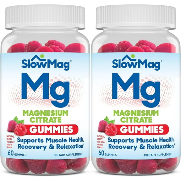 SlowMag Magnesium Citrate Gummies - Supports Muscle Health, Recovery & Relaxation, Natural Berry Flavored, 60 Count Pack of 2