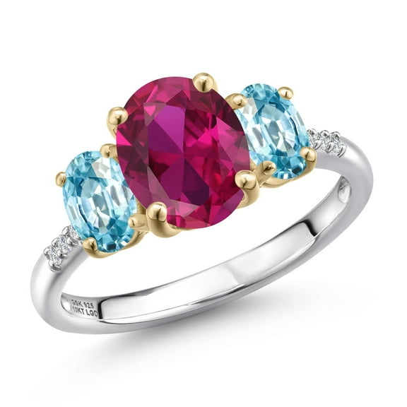 Gem Stone King 925 Silver and 10K Yellow Gold Red Created Ruby and Blue Zircon and Lab Grown Diamond Engagement Ring for Women | 3.36 Cttw | Oval 9X7MM | July Birthstone | Size 9