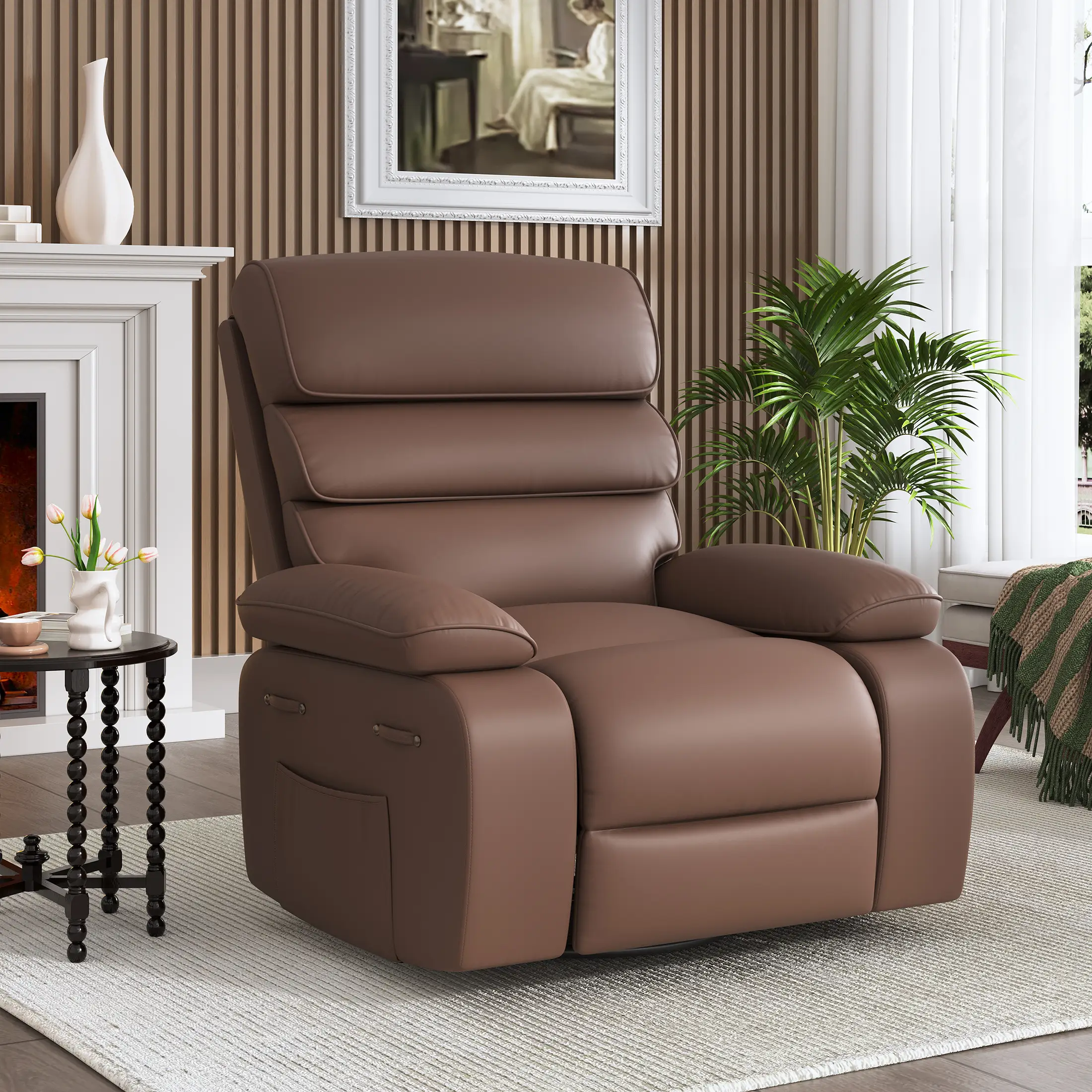 Techmilly Oversized Swivel Rocker  Recliner Chair with Heat and Massage, Adjustable Recline for Living Room,PU Leather (Brown 35" Seat Width)