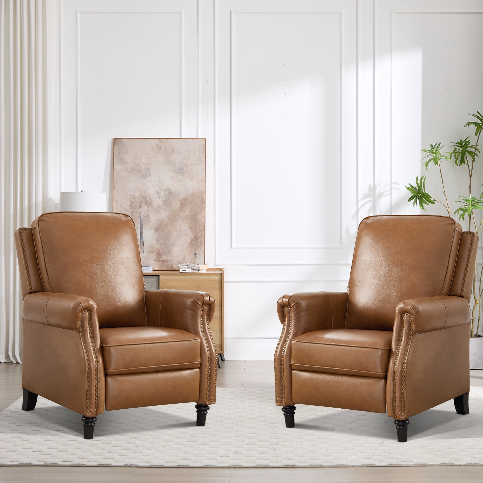 Ebello Genuine Leather Push Back Recliner Chair, Wingback Reclining Chair with Padded Seat & Rivet Decoration, Single Sofa for Living Room, Apartment (Brown)