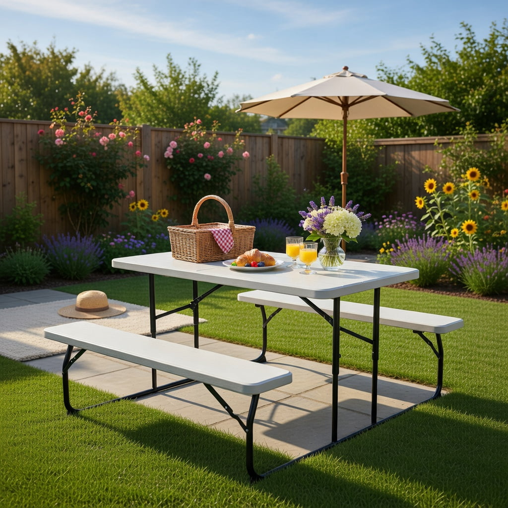 Hommoo Folding Outdoor Picnic Table & Bench Set, Wood-Grain HDPE Top, Steel Frame, Heavy-Duty Folding Patio Table for Backyard, Camping, Tailgating, White