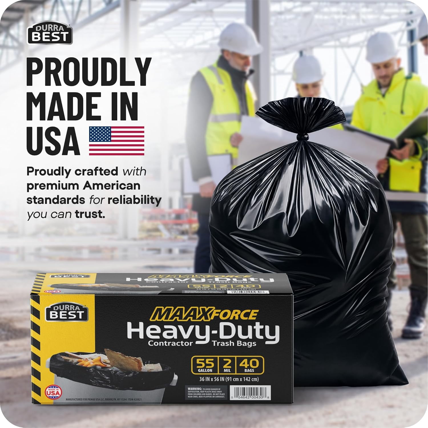 MAAXForce 55 Gallon Contractor Trash Bags | 2 Mil Heavy-Duty Black Garbage Bags | Leak-Proof, Puncture-Resistant | Made in USA | 36" x 56" Large Construction & Yard Cleanup Bags (40-Count)