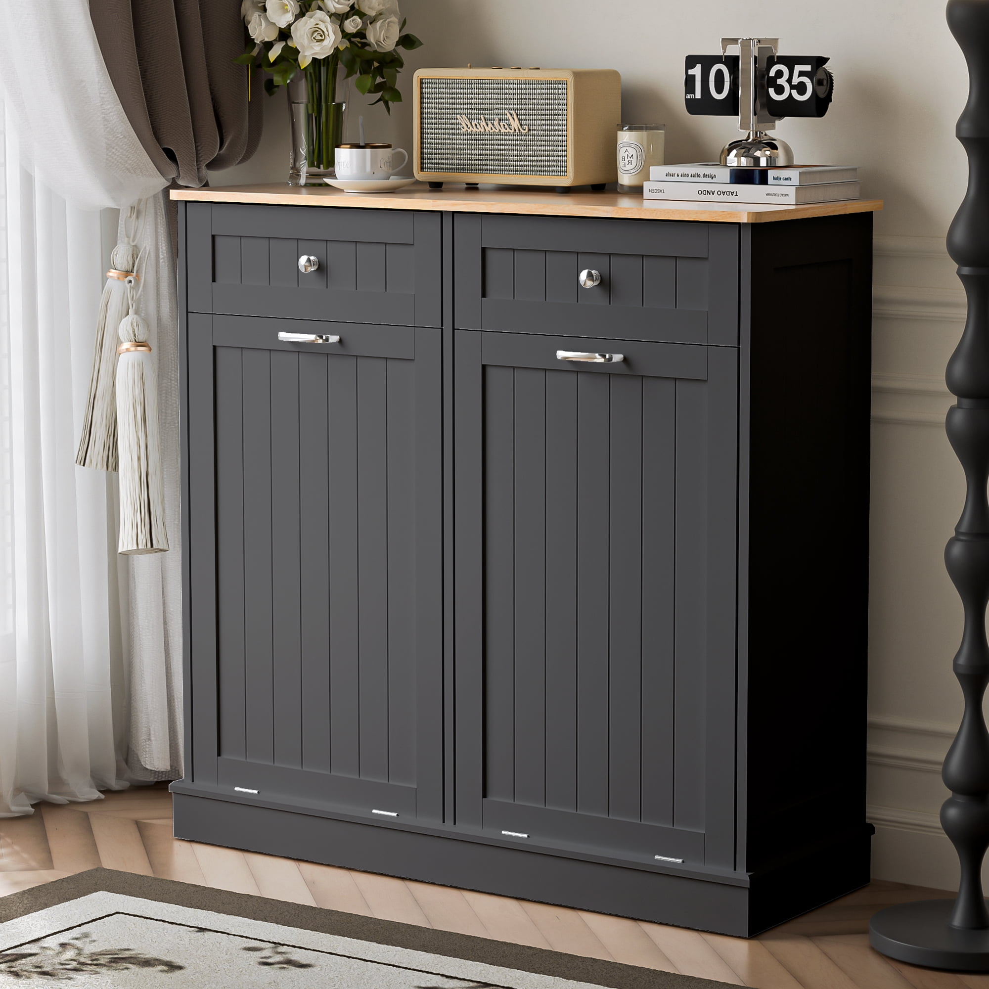 HARIPUL Double Tilt Out Trash Cabinet, 26 Gallon Trash Can Cabinet with Drawers & Handles for Kitchen, Black/Light Brown Top