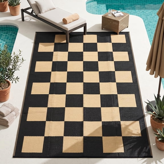 9x12ft Reversible Checkered PP Outdoor Rug with Stakes, Standard Size, Black Beige, RV Patio Camping, Lightweight