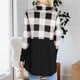 thumbnail image 4 of Top de cuello alto para mujer con dobladillo suelto camisa de manga larga con cuello redondo decoración de costuras a cuadros negro S, 4 of 6
