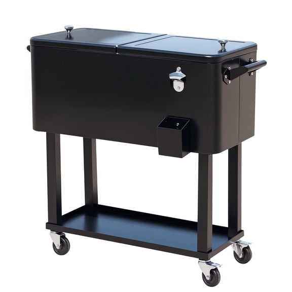 80 Quart Rolling Ice Chest Cooler Cart with Wheels Outdoor Party Drink Cooler Stand Up Black