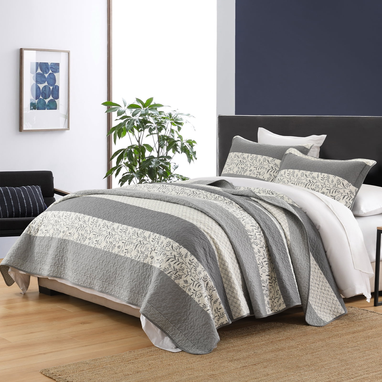 Y-PLWOMEN 100% Cotton Quilt King Size - Gray Striped Lightweight Beige Quilt, Floral Quilted Bedspread Lightweight Comforter Set, Soft Bed Spread for King Bed with Pillow Shams