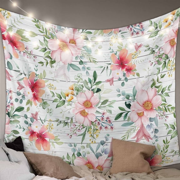 Pink Floral Tapestry for Bedroom Wall Hanging Tapestry, Spring Pastoral Botanical Leaves Wooden Ceiling Backdrop Tapestries Poster Blanket Wall Decor for Teens Room Living Room Dorm 59" x 90"