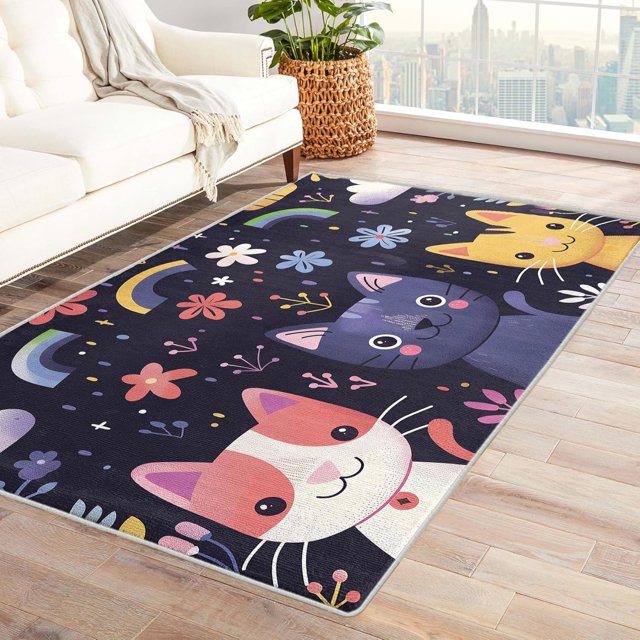 Cat Rugs Room Decor - 4x5 Rug - Cat Rug - Cute Cartoon Kitten Area Rug - Kids Navy Blue Kawaii Rugs - Girls Floral Animal Carpet