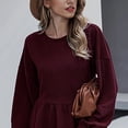thumbnail image 3 of Women Fall Top Long Latern Sleeve Crewneck Ruffle Hem Pure Color Drop Shoulder Blouse for Lady, 3 of 5