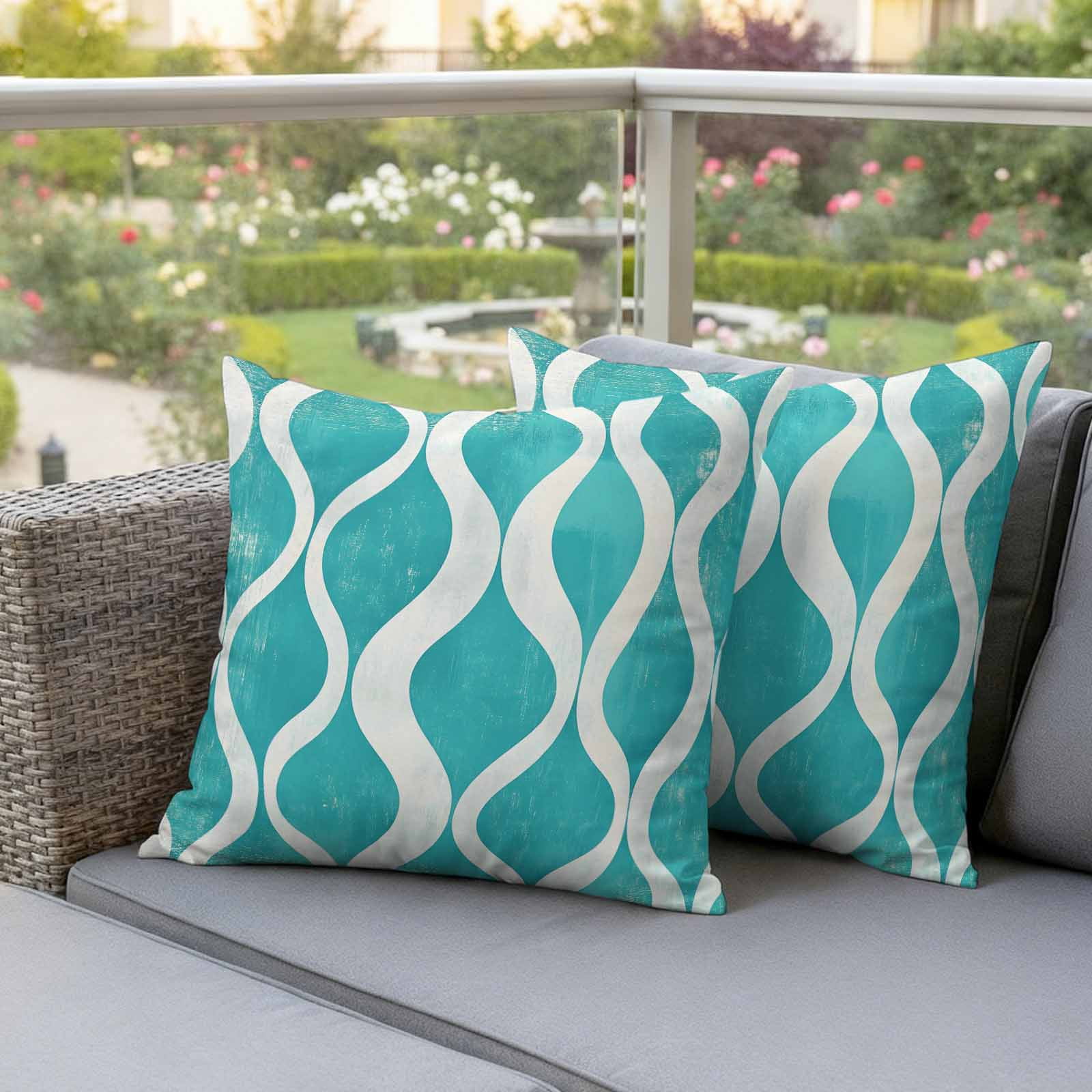 Pack of 2 Outdoor Pillow Covers,Waterproof Teal Wave Throw Pillow Covers,Modern Abstract Art Farmhouse Decorative Pillowcases Cushion Covers for Patio Garden Couch Pillow Sham Protector 20x20 Inch