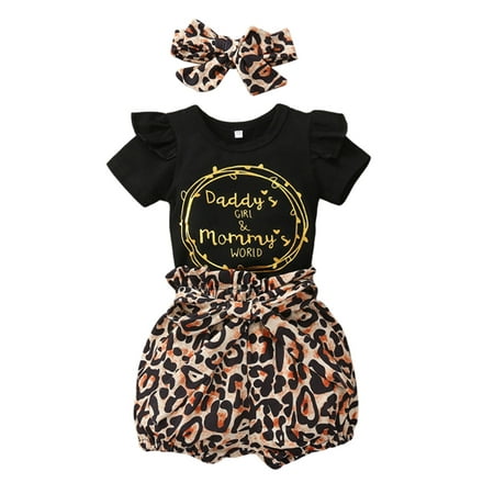 

jaweiw Newborn Baby Girls 3-piece Outfit Set Short Sleeve Letter Print Romper+Leopard Shorts+Headband
