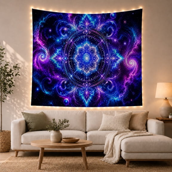 Intricate Mandala Set Against a Cosmic Galaxy, Mystical Psychedelic for Astronomy Fans, Celestial Wall Art Decor Housewarming Gift Tapestry Wall Hanging for Living Room and Bedroom