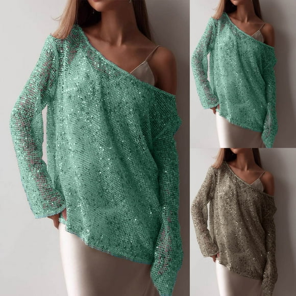 VKOYWKM Womens Sequin Tops Casual One Shoulder Long Sleeve Glitter Shirts Trendy Hollow Out Blouses Loose Club Party Blouses