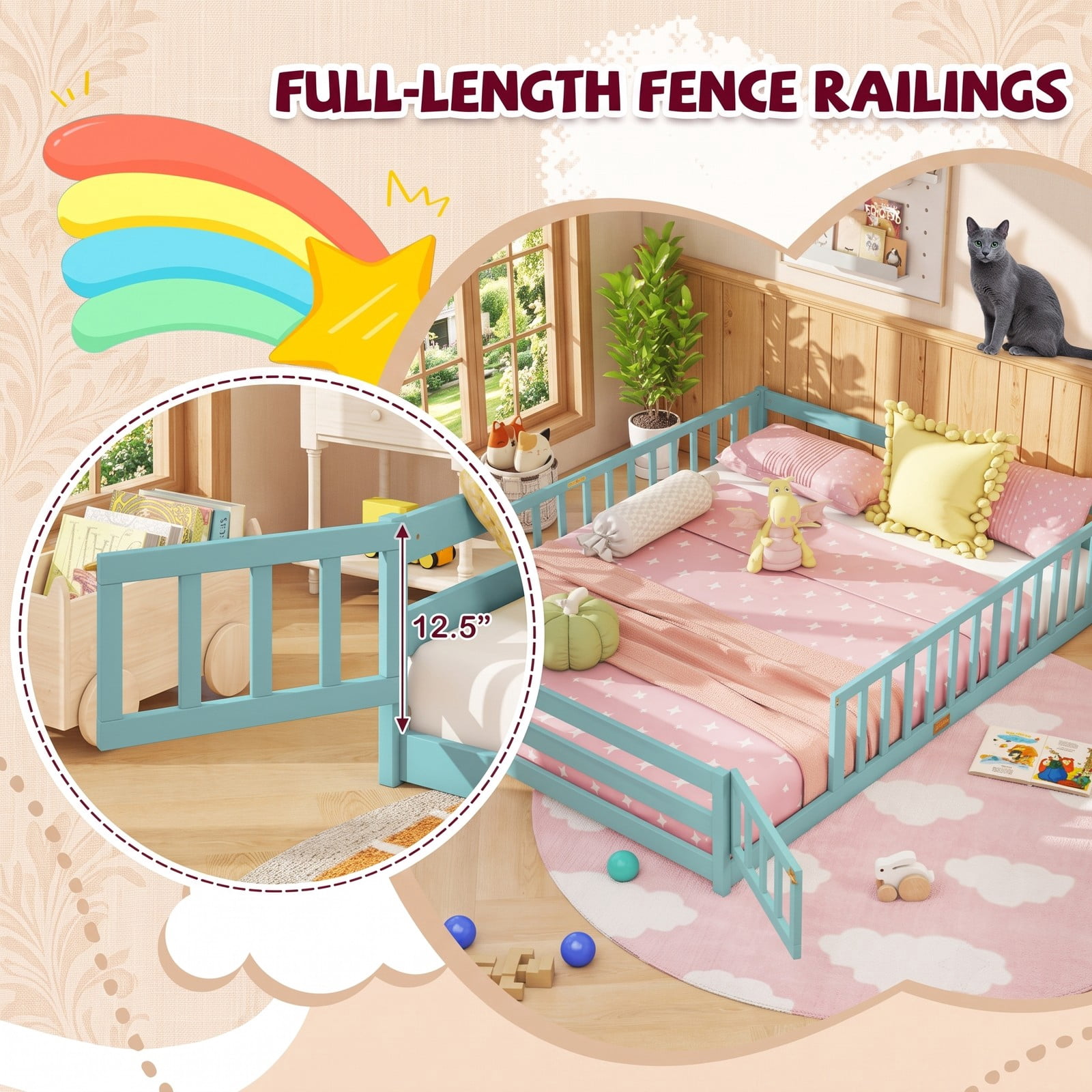 Furnibear Queen Size Wood Montessori Floor Bed Frame with Full Length Guardrails and Lockable Gate, Queen Bed Frame for Kids Bedroom, Aqua