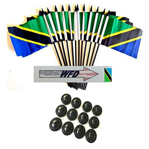 Pack of 12 4"x6" Tanzania Polyester Miniature Office Desk & Little Table Flags, 1 Dozen 4"x 6" Tanzanian Small Mini Handheld Waving Stick Flags with 12 Flag Bases (Flags with Stands)