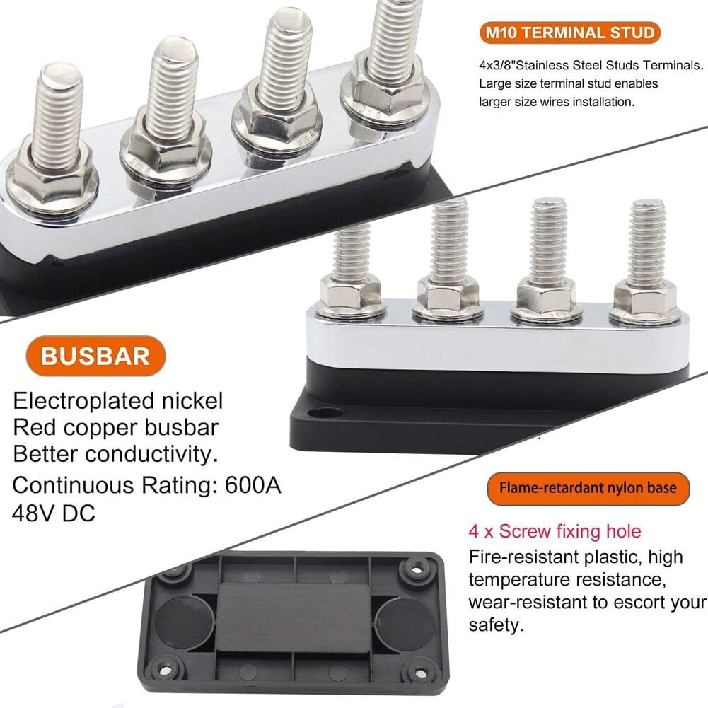 300A Heavy Duty 4X M10 Stud Terminal Busbar Distribution Block, Marine Battery