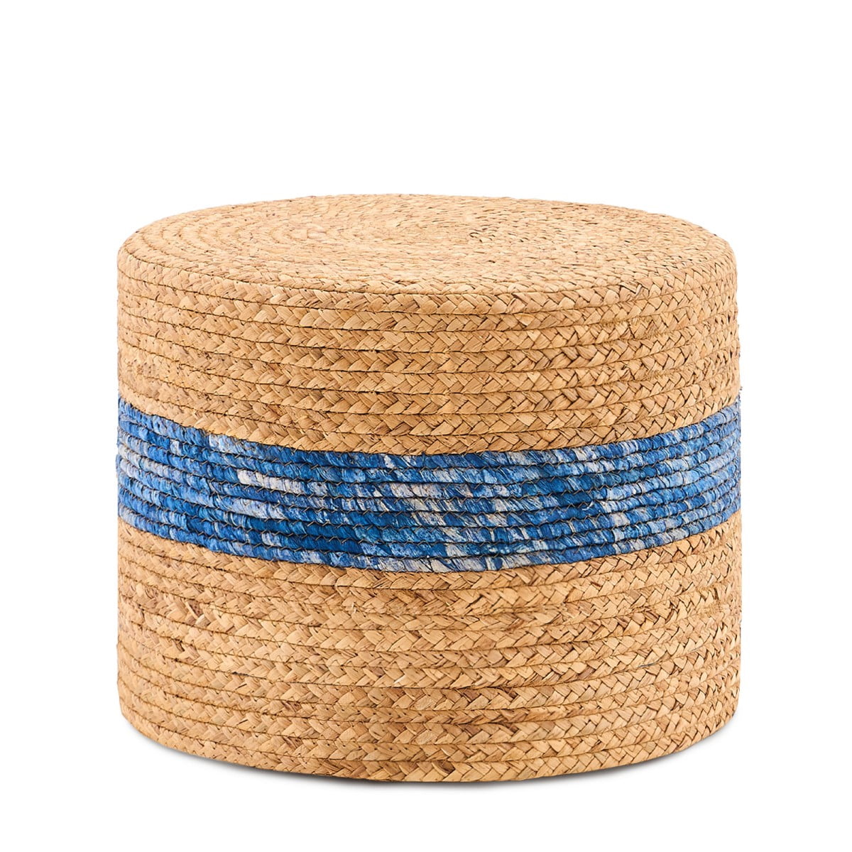 IVV Handmade Woven Water Hyacinth Foot Stool | 15.7" Round Ottoman Home Decorative End/Side Table for Small Space (Natural & Blue)