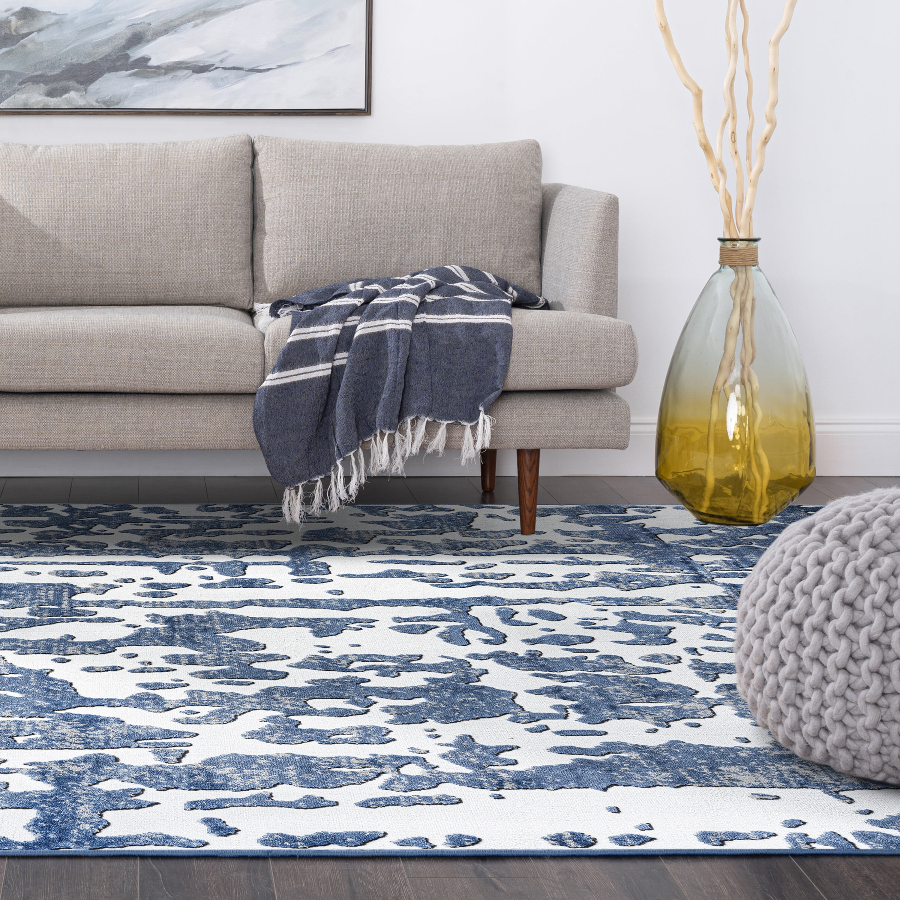 Contemporary 8x10 Area Rug (7'11'' x 10'3'') Abstract Blue, White Living Room Easy to Clean