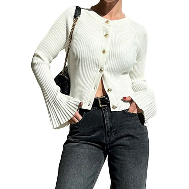 Suéter de Cuello Redondo Acanalado para Mujer, Camisa de Punto Acampanada de Larga con Botones y Abertura Frontal, Conjunto de Otoño L