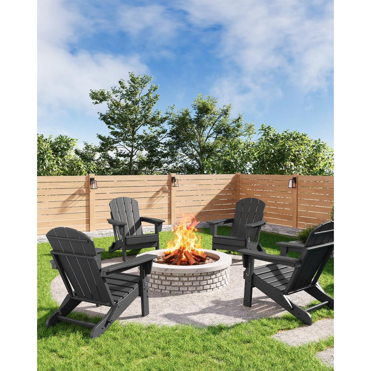 1PC Folding Adirondack Chair, HDPE Outdoor All-Weather Fire Pit Chairs, Outdoor Wooden Lounge Chair, Modern Lounger Adirondack Chairs Ergonomic Extended Backrest for Deck, Patio, Pool, Backyard