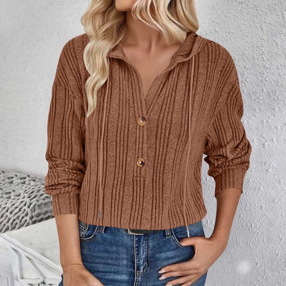 Tawop Women Pullover Long Sleeve Casual Brushed Hooded Sweatshirt Coffee