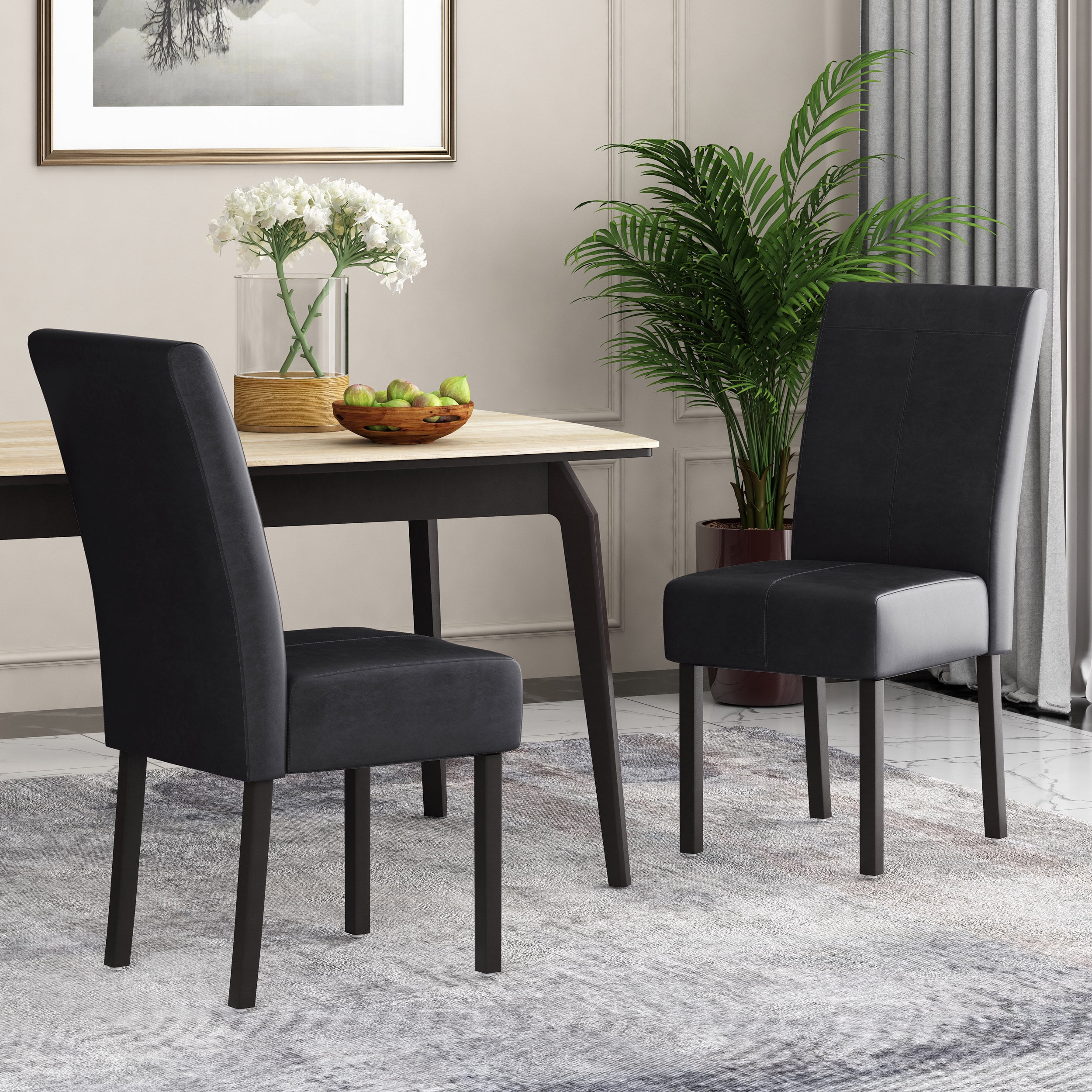 Noble House Braydon Faux Leather Upholstered T-Stitch Dining Chairs, Set of 2, Midnight Black and Espresso