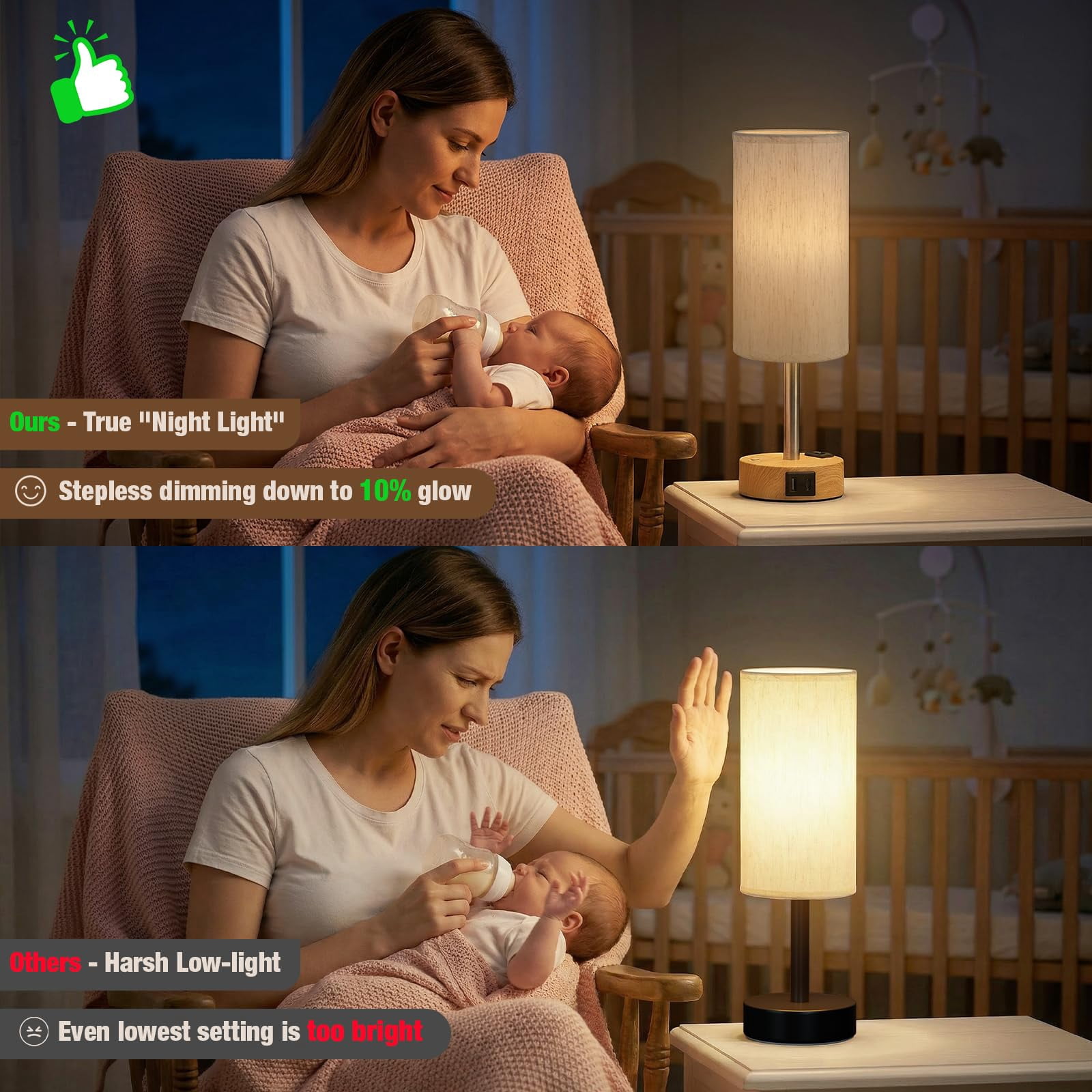 Touch Bedside Table Lamp with Memory - Stepless Dimmable Lamp for Bedroom, Small Nightstand Lamp with Dual USB Charging Ports and AC Outlet, Wood Night Light, Deak Lamp for Nursery, Living Room, Dorm