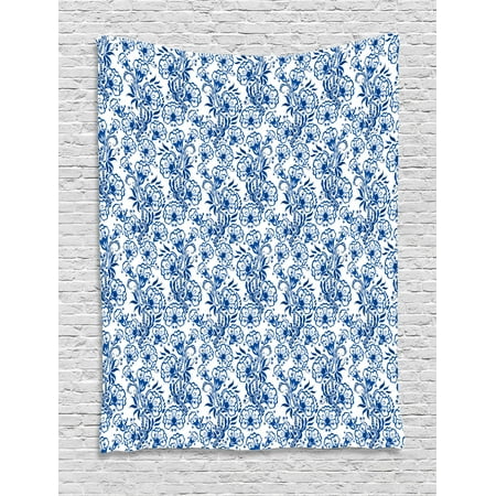 Blue Tapestry Delicate Spring Season Themed Floral Pattern