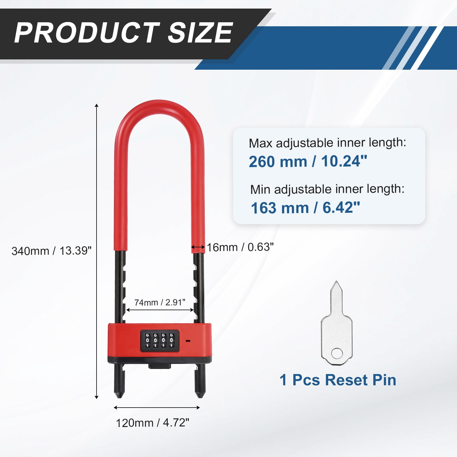 Uxcell 4 Digit Combination Padlock, Long Shackle Padlock - [6.42" - 10.24", Red], U-Shape Adjustable Shackle Lock for Bicycles Electric Bikes Mountain Bikes Glass Doors Gates