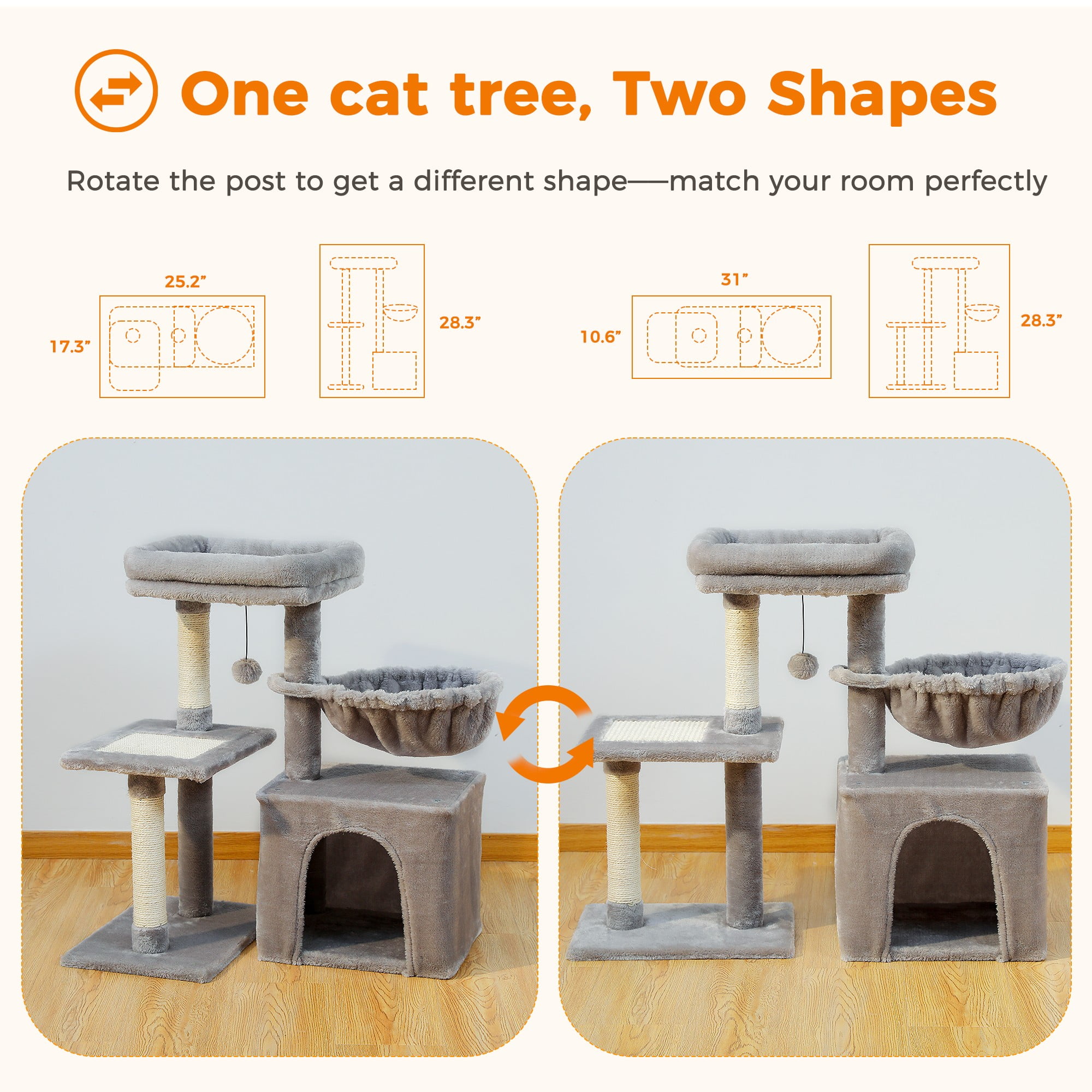 Kadyn 28.5'' Tall Cat Tree Tower, Three Tier Cat Tree House for Indoor Cats Modern Kitten Cat Climbing Tree, Grey