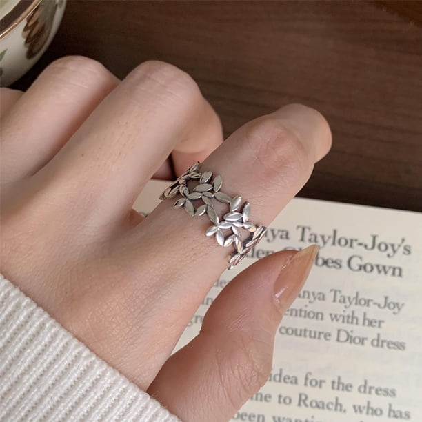 Anillo abierto retro simple de hoja plata esterlina S925 estilo coreano