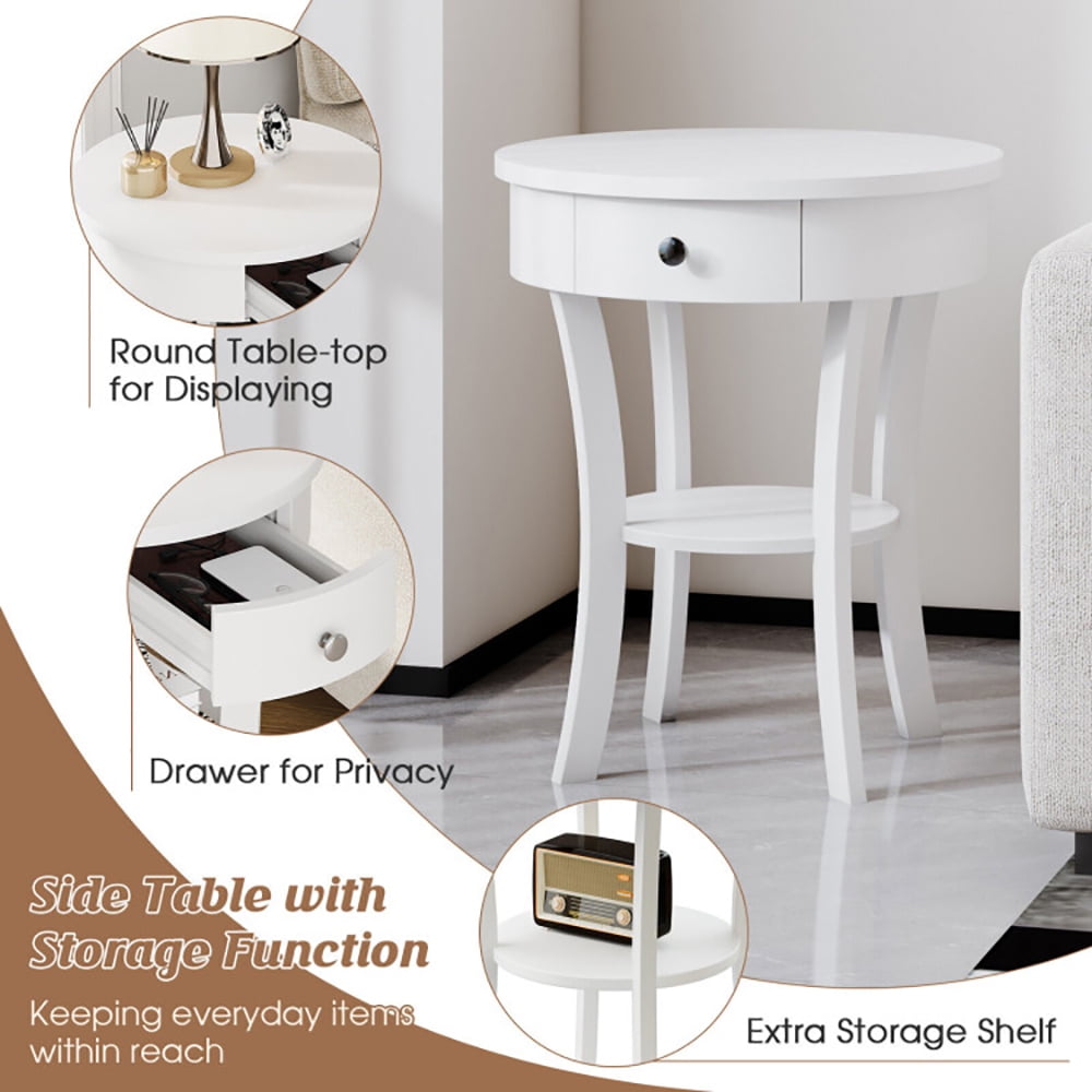 Finihen End Table, 2-Tier Wood Round End Table with Open Drawer, Sofa Side Table, Bed Side Table, for Living Room, Bedroom, White Finihen End Table, 2-Tier Wood Round End Table with Open Drawer, Sofa Side Table, Bed Side Table, for Living Room, Bedroom, White