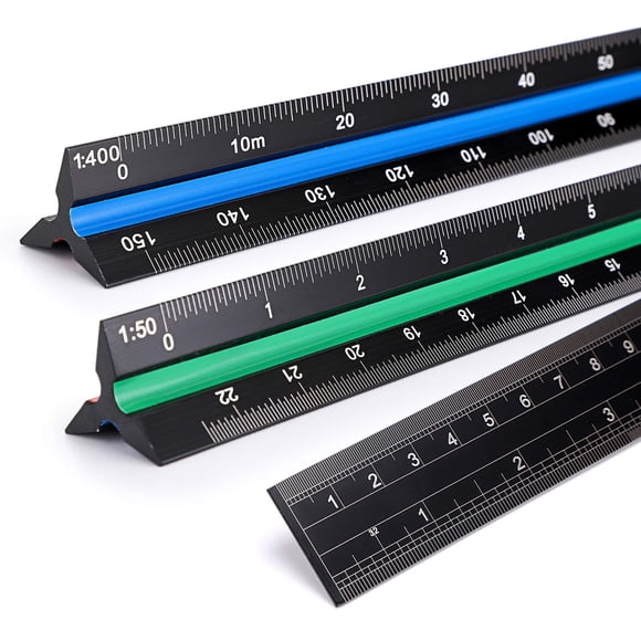 BTSKY Lot de 3 Règles d'Échelle Métrique Triangulaires de 12 Pouces pour l'Architecture et l'Ingénierie avec Règle de Conversion Métrique Standard, Outil de Mesure d'Échelle en Aluminium, Noir avec Rouge, Vert, Bleu