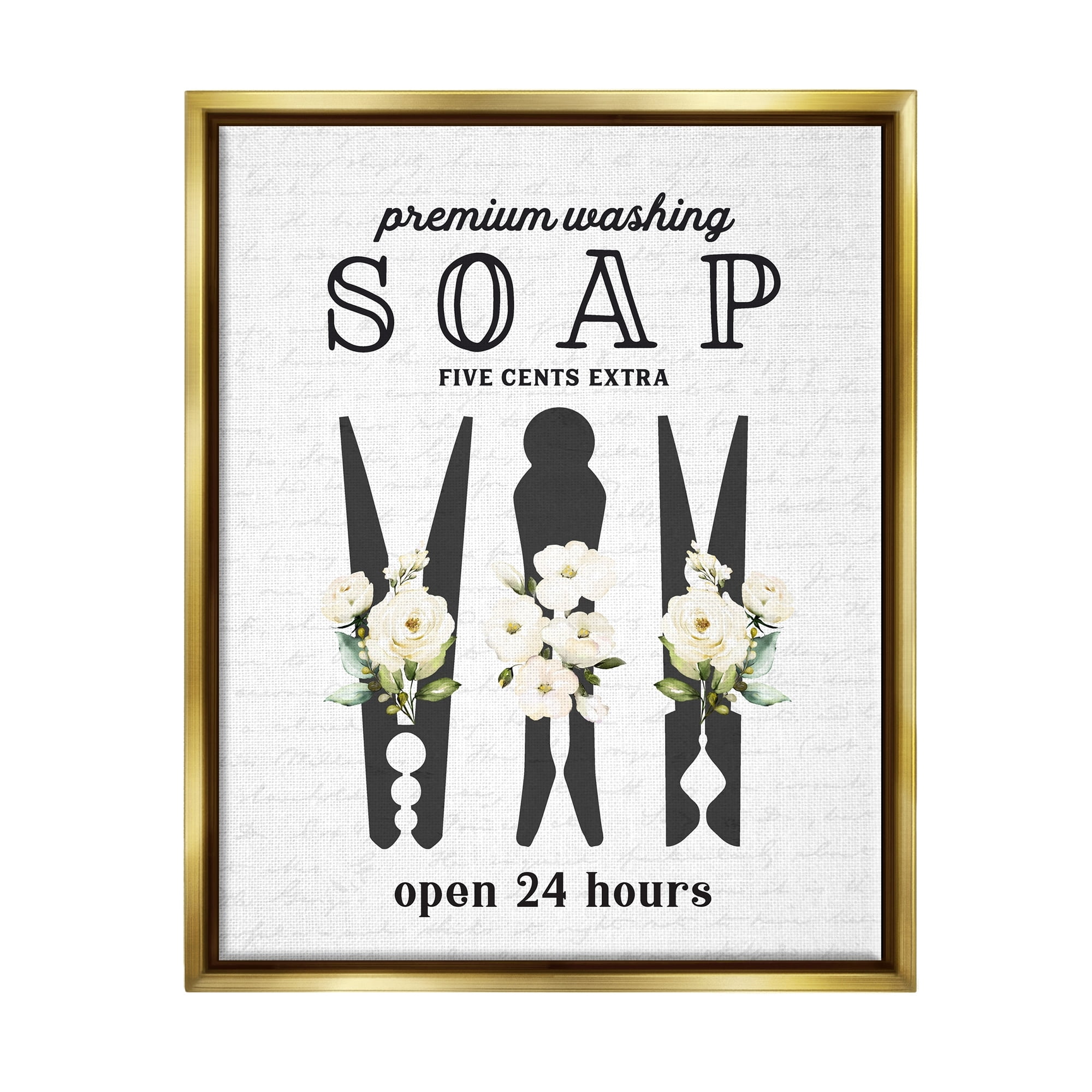 Stupell Industries Floral Clothespin Silhouettes Laundry Room Script Sign Graphic Art Metallic Gold Floating Framed Canvas Print Wall Art, Design by Lettered and Lined