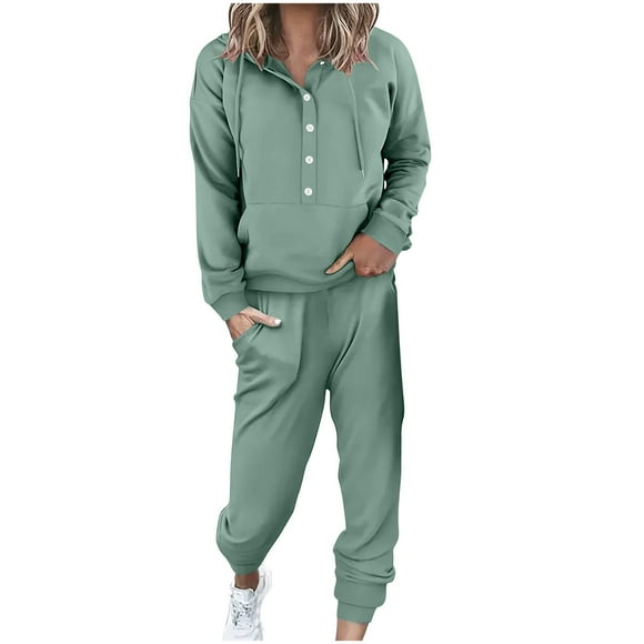 Pisexur Womens Lounge Set Trendy Casual Solid Color Matching Set Long Sleeve Button Drawstring Hooded Sweathirts Tops Wide Leg Sweatpants Tracksuit with Pockets 2 Piece Travel Outfits