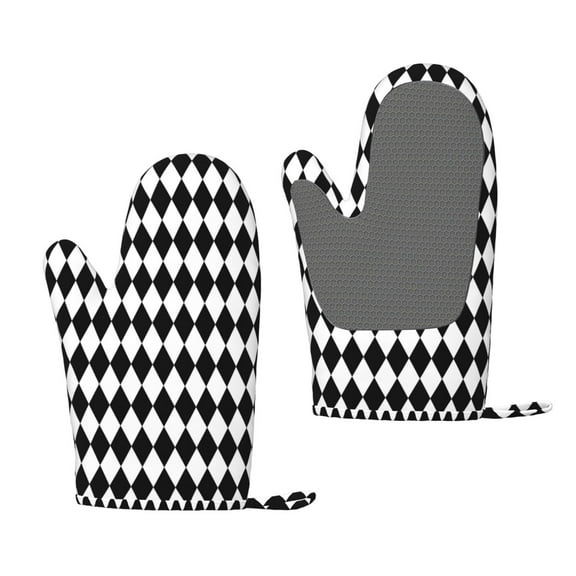 Hirioo Black And White Diamonds for Silicone Oven Mitts for BBQ, Baking, Cooking, Set of 2, Heat Resistant 260℃, Non-Slip Kitchen Essentials