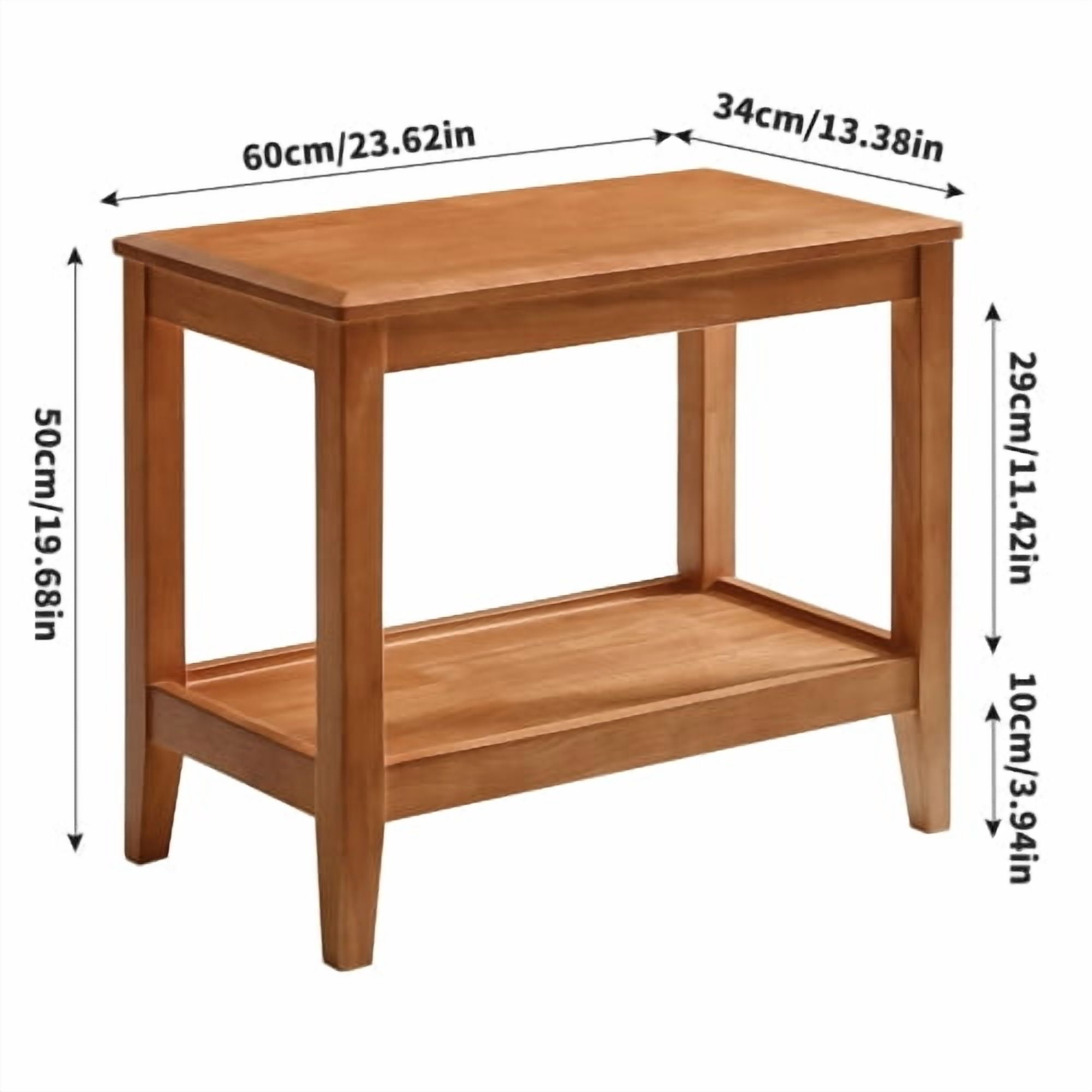 Solid Wood Rustic Side Table, 2-Tier End Table with Shelf, Rubberwood Sofa Table for Living Room, Cherry