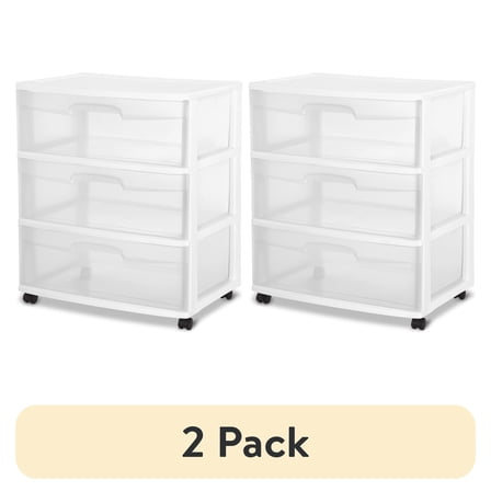 (2 pack) Sterilite 3 Drawer Wide Cart, Clear Plastic Storage Drawers, Wheels Included, White