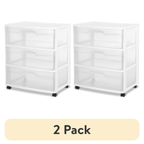 (2 pack) Sterilite 3 Drawer Wide Cart, Clear Plastic Storage Drawers, Wheels Included, White