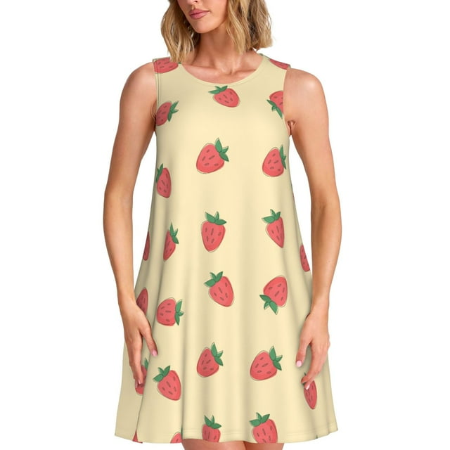 Vsdgher Robes d'Été Imprimé Fraises pour Femmes Robe de Plage Décontractée Col en U Sans Manches Robe d'Été Ample avec Poche