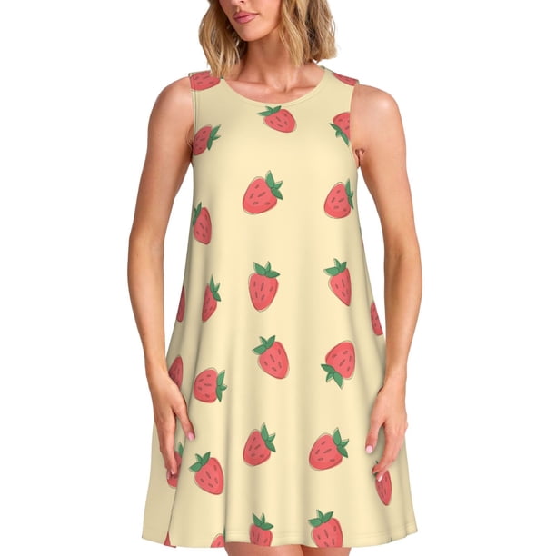 Easygdp Strawberries para Vestido Transpirable de Mujer, Vestido Suelto de Manga Corta con Pliegues y Bolsillos para el Verano